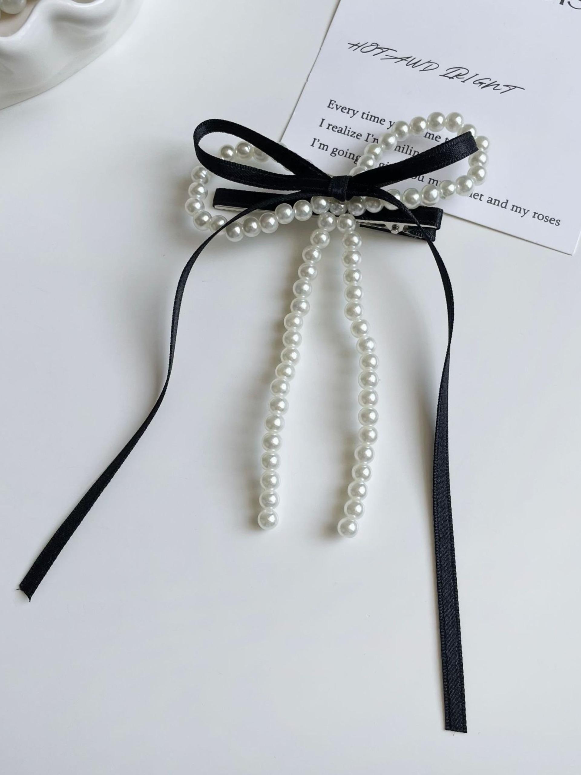 Sweet Forest Style Bow Ribbon Hair Clip, Imitation Pearl Edge, Girl Heart Side Clip, Elegant and Cute New Design Hair Accessory