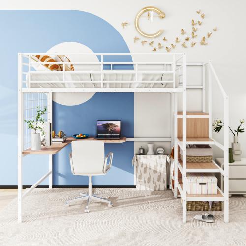 Bellemave Twin Full Size Metal Loft Bed with Desk and Metal Grid Stylish Metal Frame Bed with Lateral Storage Ladder and Wardrobe Black Loftbed Dorm Modern Style Space Saving Versatile Furniture