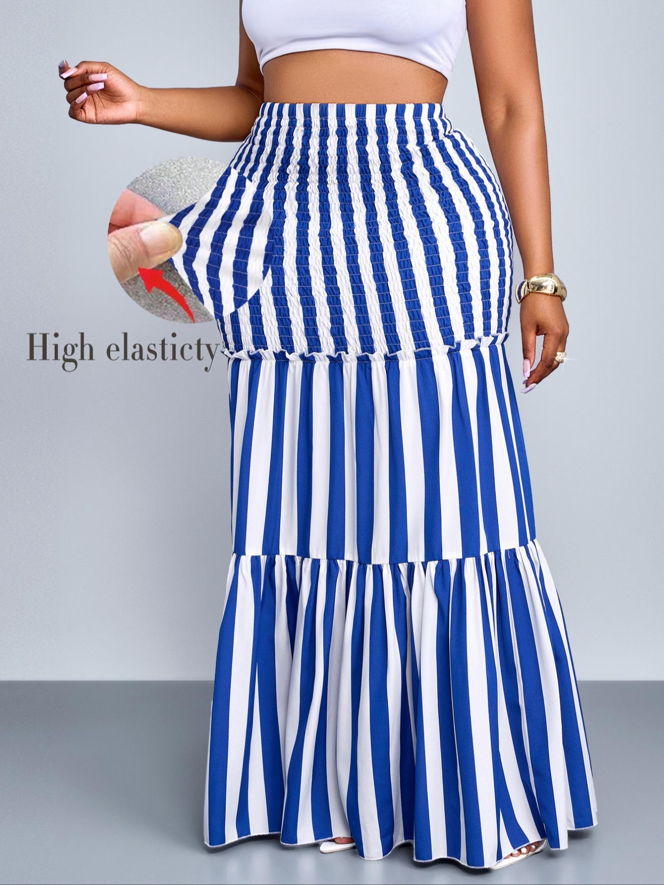 Elegant Striped High Waist Bodycon Mermaid Maxi Skirt, Plus Size Women's Long Dress, Fall Fashion, Fitted Style, All Seasons