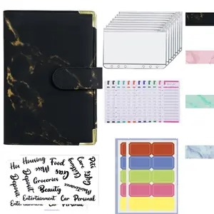 A6 Loose-Leaf Notebook, Handmade Marble Texture Foil Leather PU, 6-Hole Cash Budget Organizer, Ideal for Accounting & Planning