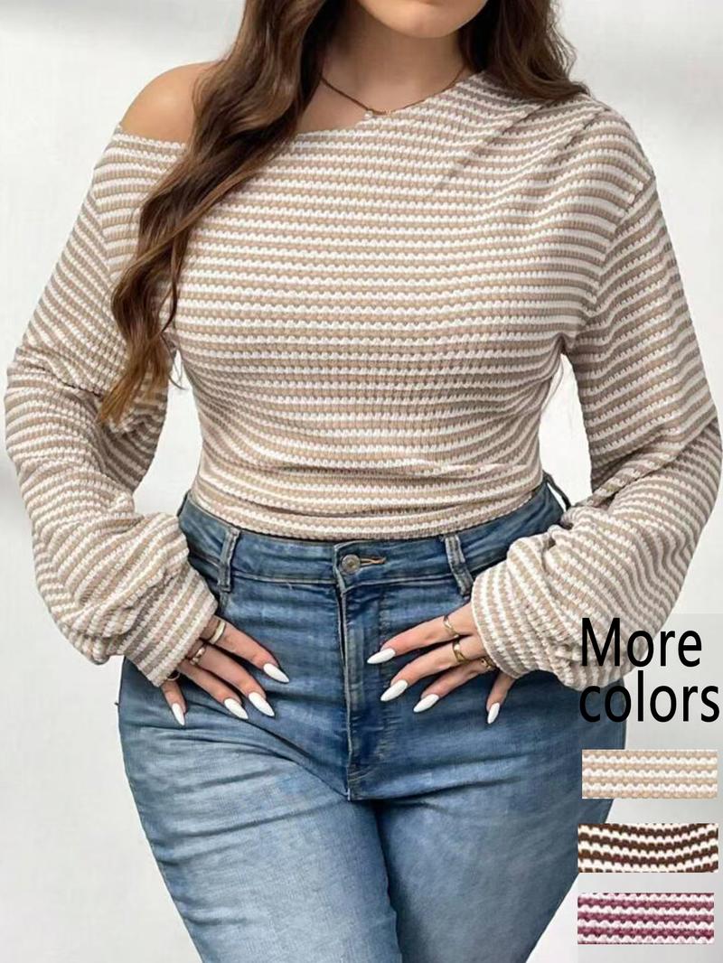 【Plus Size】1 Piece Women's Beige & White Striped Cold Shoulder Long Sleeve Crop Top, Y2K Aesthetic Street Style, Waffle Knit Fabric & Slim Fit, Ruffled Cuff Detail, For Fashion-Forward Women, Perfect for Streetwear, Casual Outings & TikTok Trendy Looks 【Plus Size】1 Piece Women's Beige & White Striped Cold Shoulder Long Sleeve Crop Top, Y2K Aesthetic Street Style, Waffle Knit Fabric & Slim Fit, Ruffled Cuff Detail, For Fashion-Forward Women, Perfect for Streetwear, Casual Outings & TikTok Trendy Looks