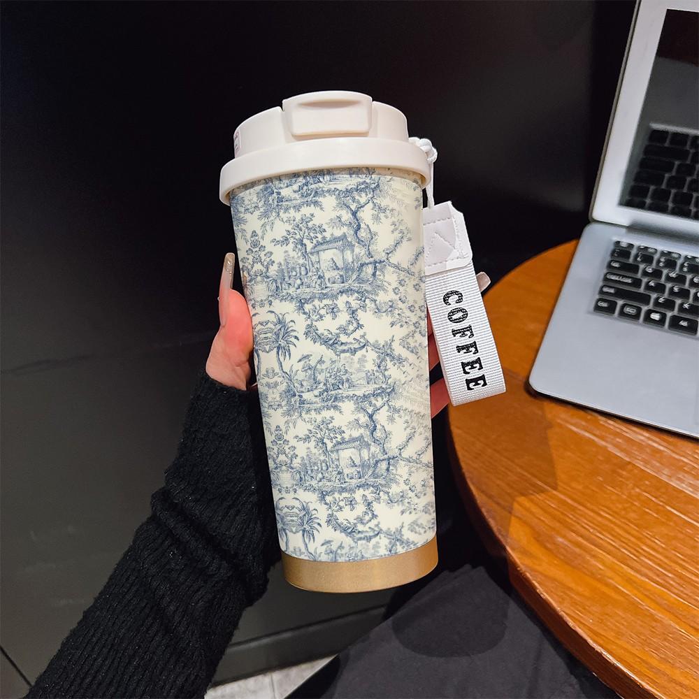 Abstract Oil Painting Blue Vine Texture Coffee Cup, Portable Dual Drink Insulated Tumbler, Keeps Hot/cold, Office Travel Essential