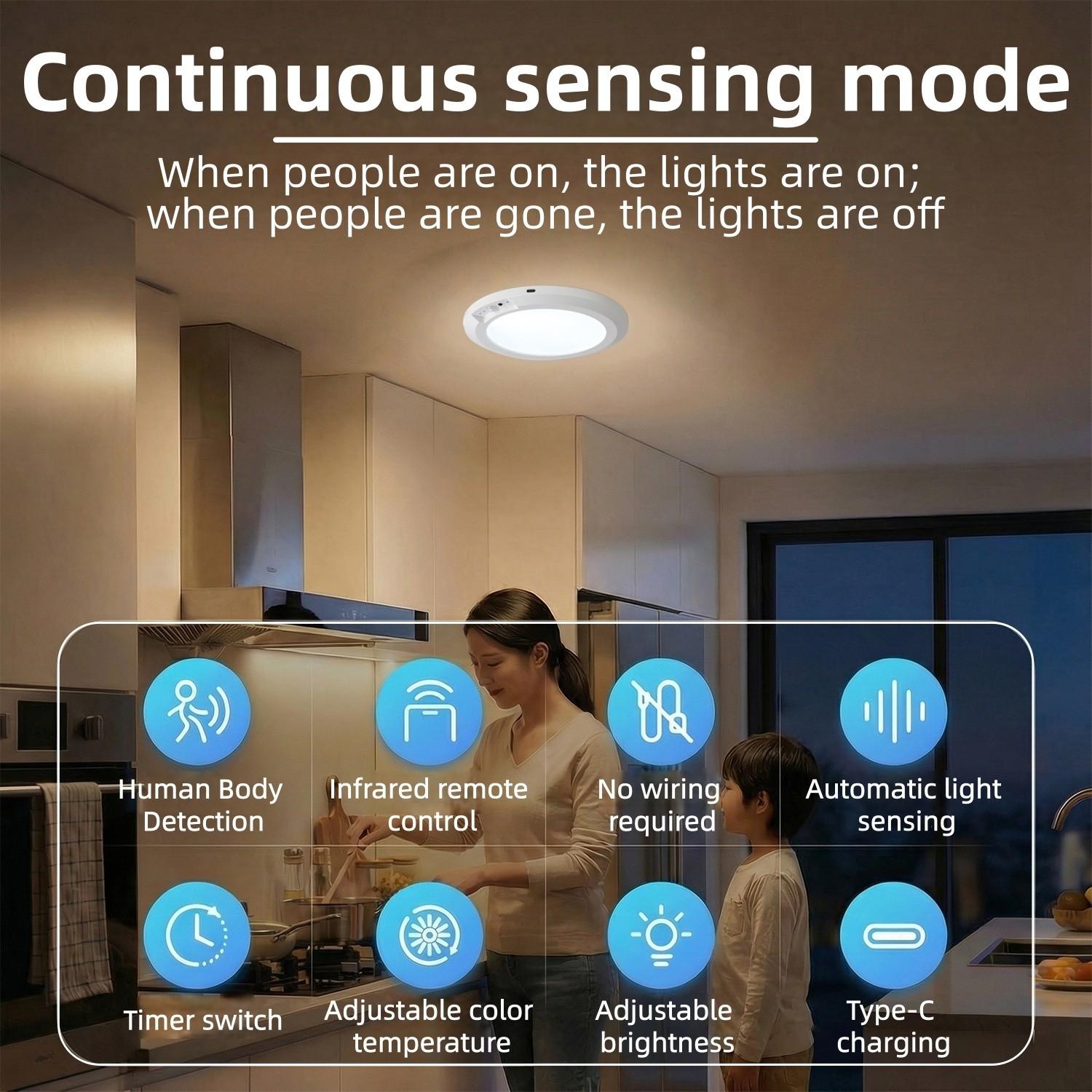 Smart Motion Sensor Ceiling Light, Indoor Lighting, Infrared Remote Control, Wireless, Automatic Dimming, Timer Switch, Color Temperature Adjustable, Type-C Charging #GLOBAL PICKS