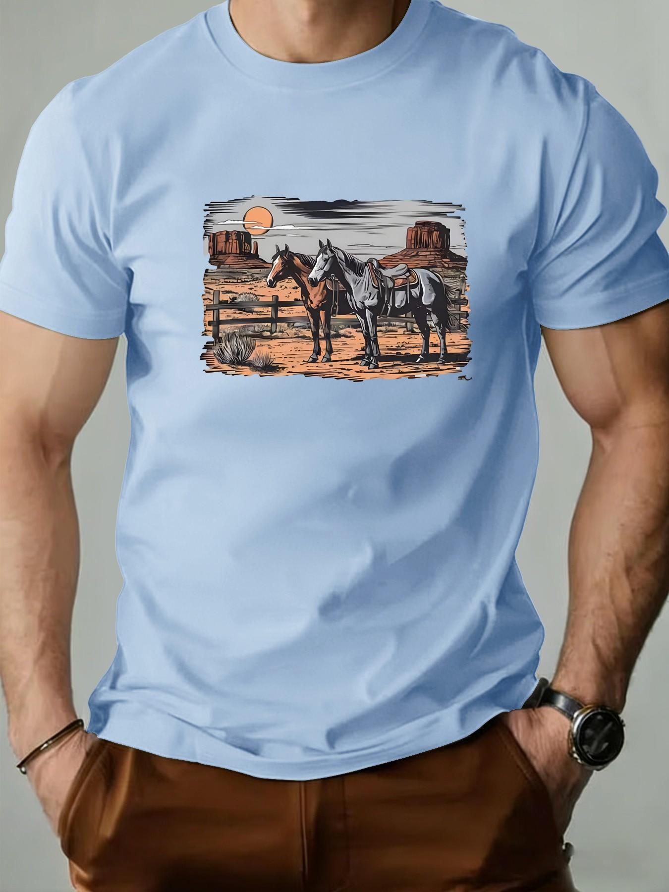 Men's Round Neck T-Shirt, Retro Western Desert Animal Geometric Print, Slim-Fit Casual Short Sleeve, Perfect for Daily Wear and Gifts