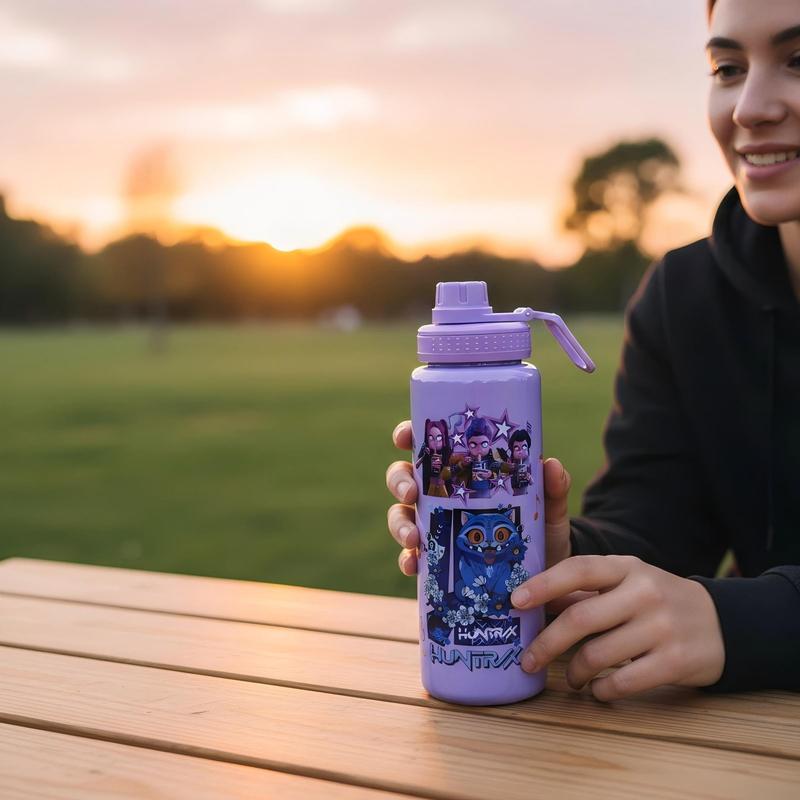 K-Pop Ghost Hunter Theme Totem Water Bottle with Lid and Straw, Reusable Hard Plastic, 1000ML Eco-Friendly, Perfect for School, Travel, Halloween Party