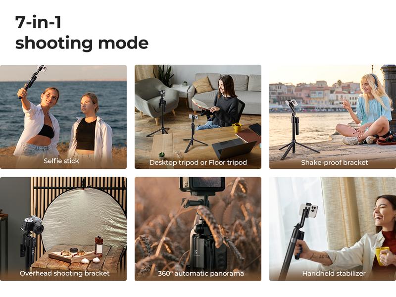 K&F CONCEPT Up to 71” Face Tracking Tripod Selfie Stick | 360° Rotation + Bluetooth Remote + Stand | 2 Fill Lights (Optional) | Black/White Textured (White Same as Black), for Travel/Live Streaming/Vloggers