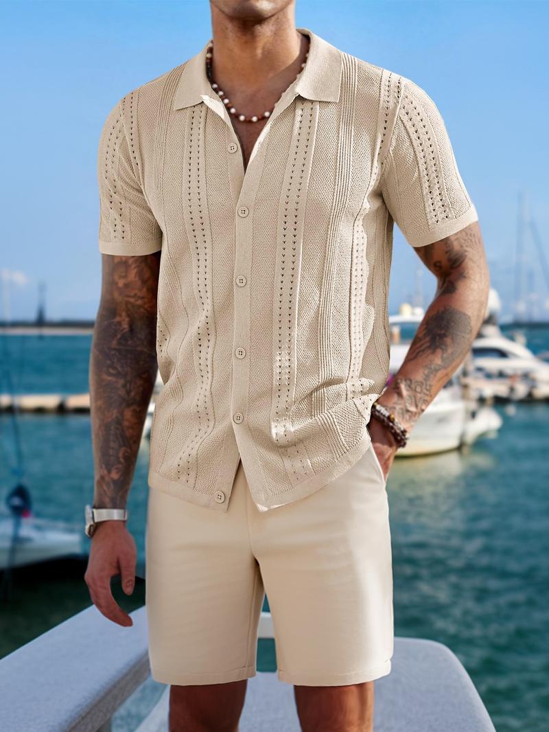 Men's Striped Print Short Sleeve Top & Shorts Two-Piece Set, Casual Fashion Cozy Breathable Top & Shorts for Summer, Men Two-Piece Outfits for Beach Vacation