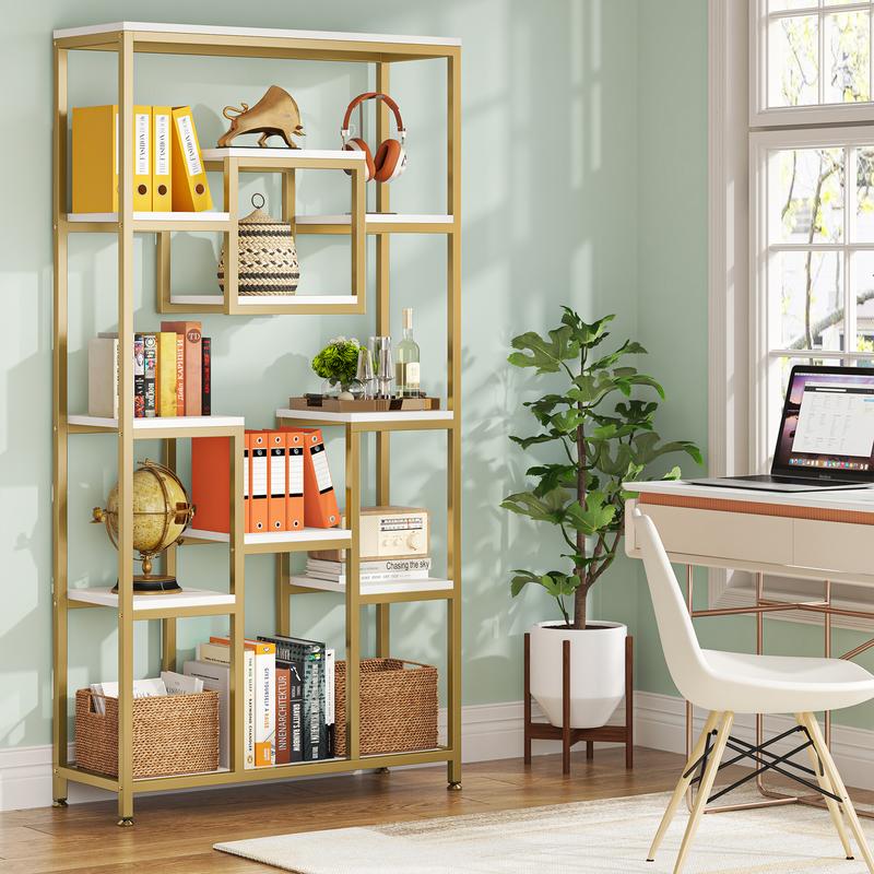 LITTLE TREE 71" Gold Etagere Bookshelf, Modern 11-Tier Tall Open Display Bookcase Bookshelves, Free Standing Book Shelf for Living Room, Bedroom, Home Office storage