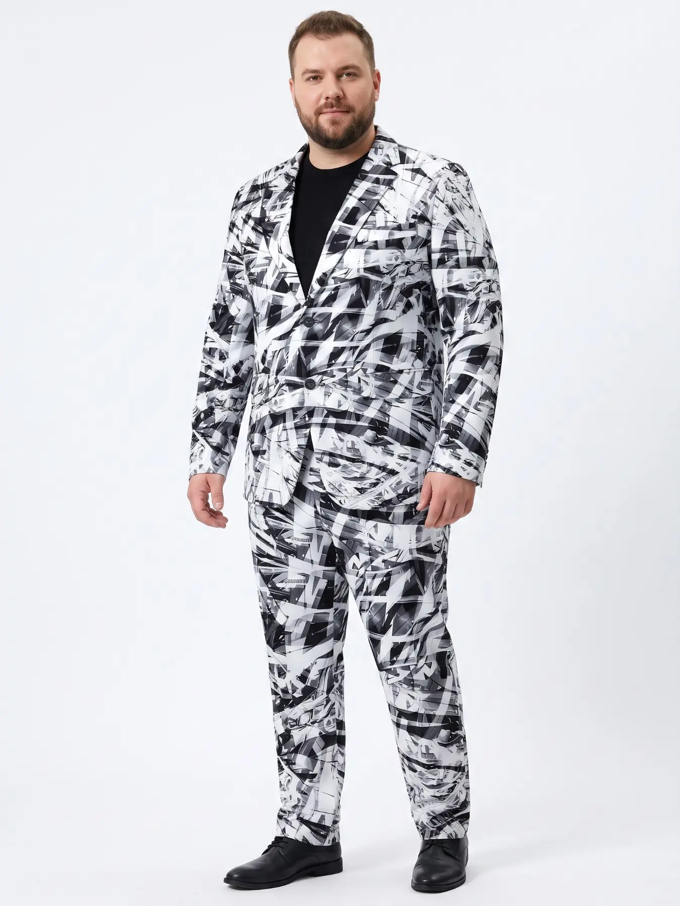 Plus-size men's modern art black and white abstract texture digital print plus-size suit set Trendy party-catching two-piece suit for men