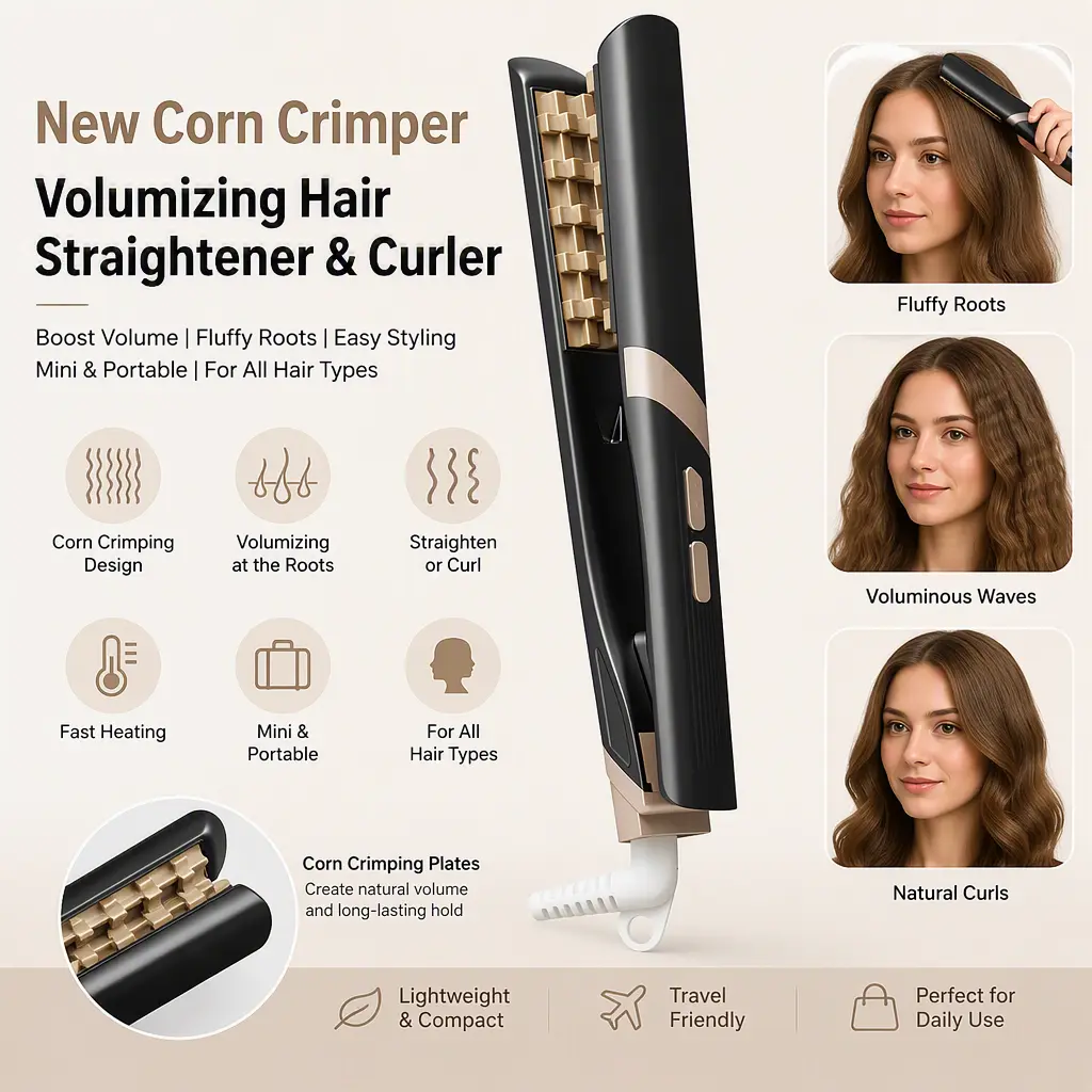 Lazy Hair Volumizing Crimper Wand, Compact Corn‑Shaped Waver Iron for Creating High Cranial Top Hair Root Fluffy Hairstyle,Pre-lit