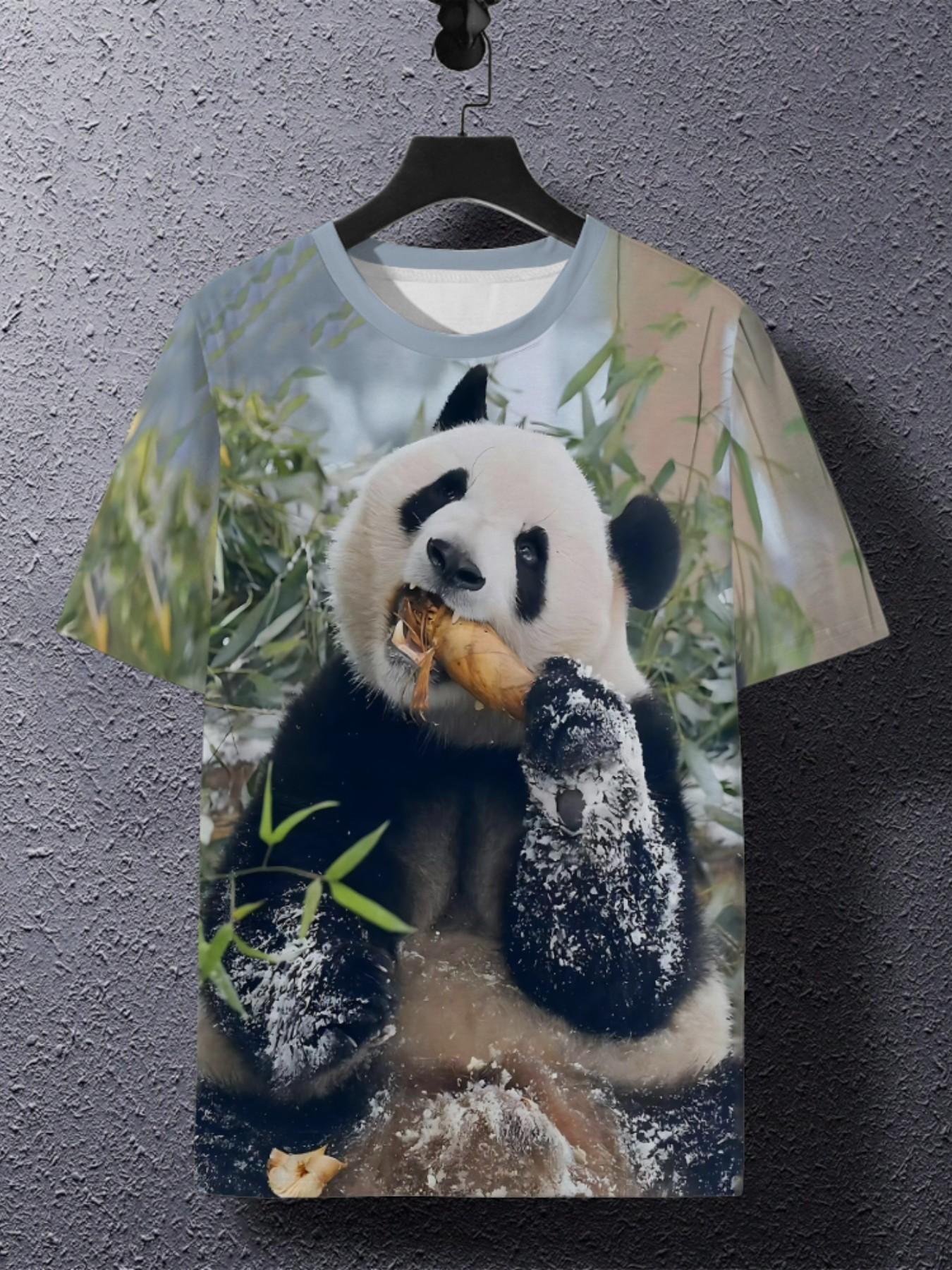 Men's Trendy Print T-Shirt, Casual Short Sleeve, Comfortable Fabric, Panda Eating Bamboo Design, Perfect for Daily Wear, All Seasons