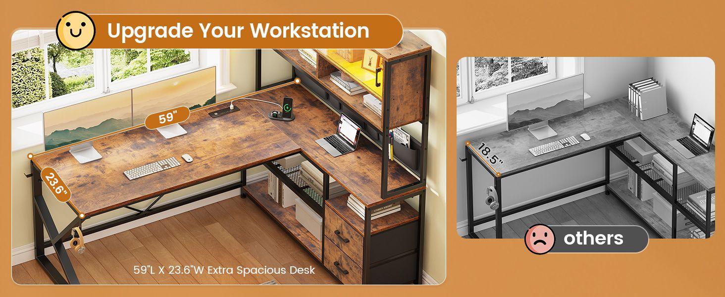 Sedeta L-shaped Computer Desk Home Office with 2 Drawers & Hutch Game Table LED Lights Glass Cabinet Storage Pockets Gaming Keyboard Wood Workstation Sedeta L-shaped Computer Desk Home Office with 2 Drawers & Hutch Game Table LED Lights Glass Cabinet Storage Pockets Gaming Keyboard Wood Workstation