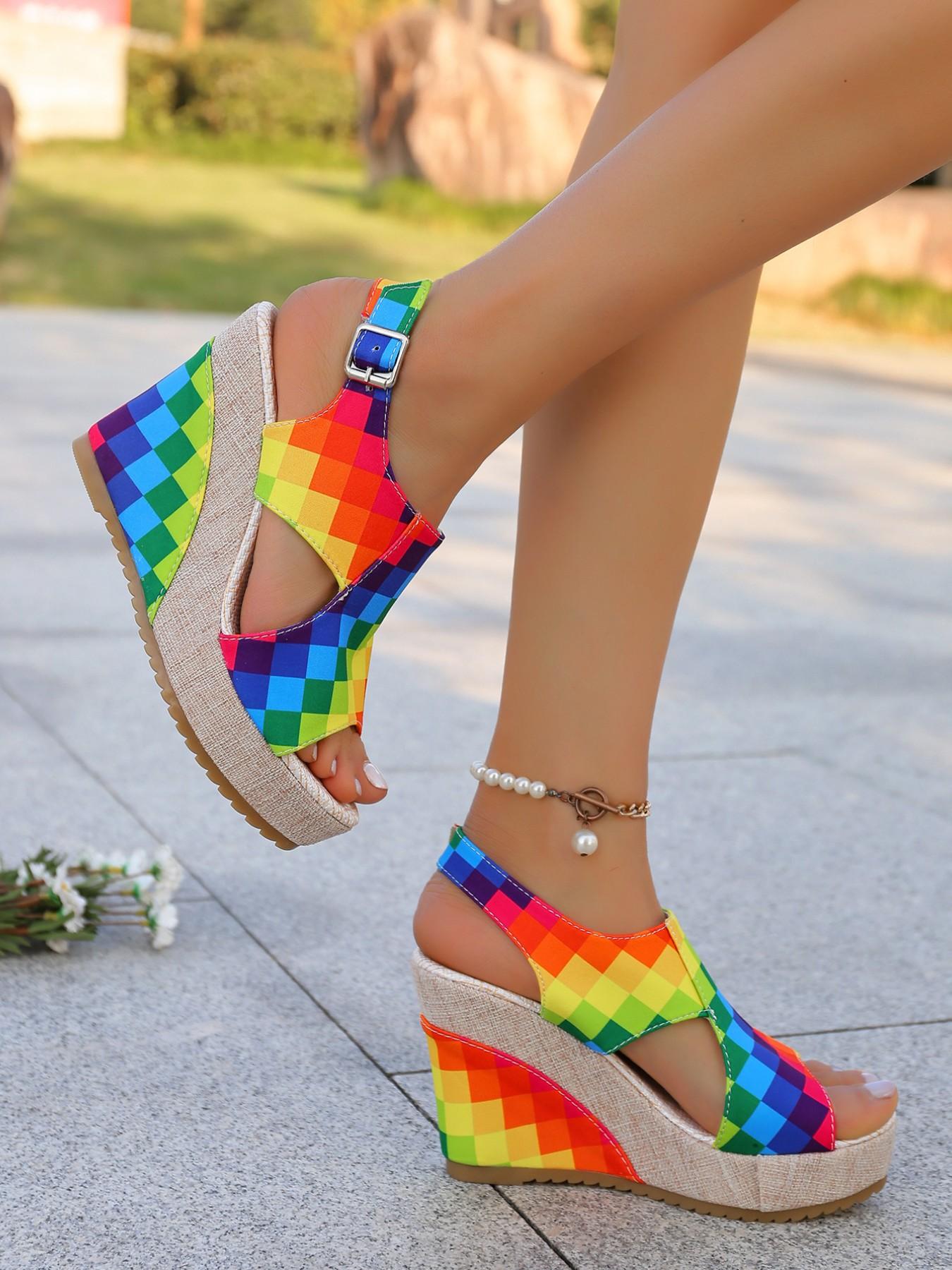 Women's Boho Rainbow Wedge Sandals, Adjustable Back Strap, Thick Sole, Anti-Slip, Comfortable, Multi-Color, Beach Vacation Shoes