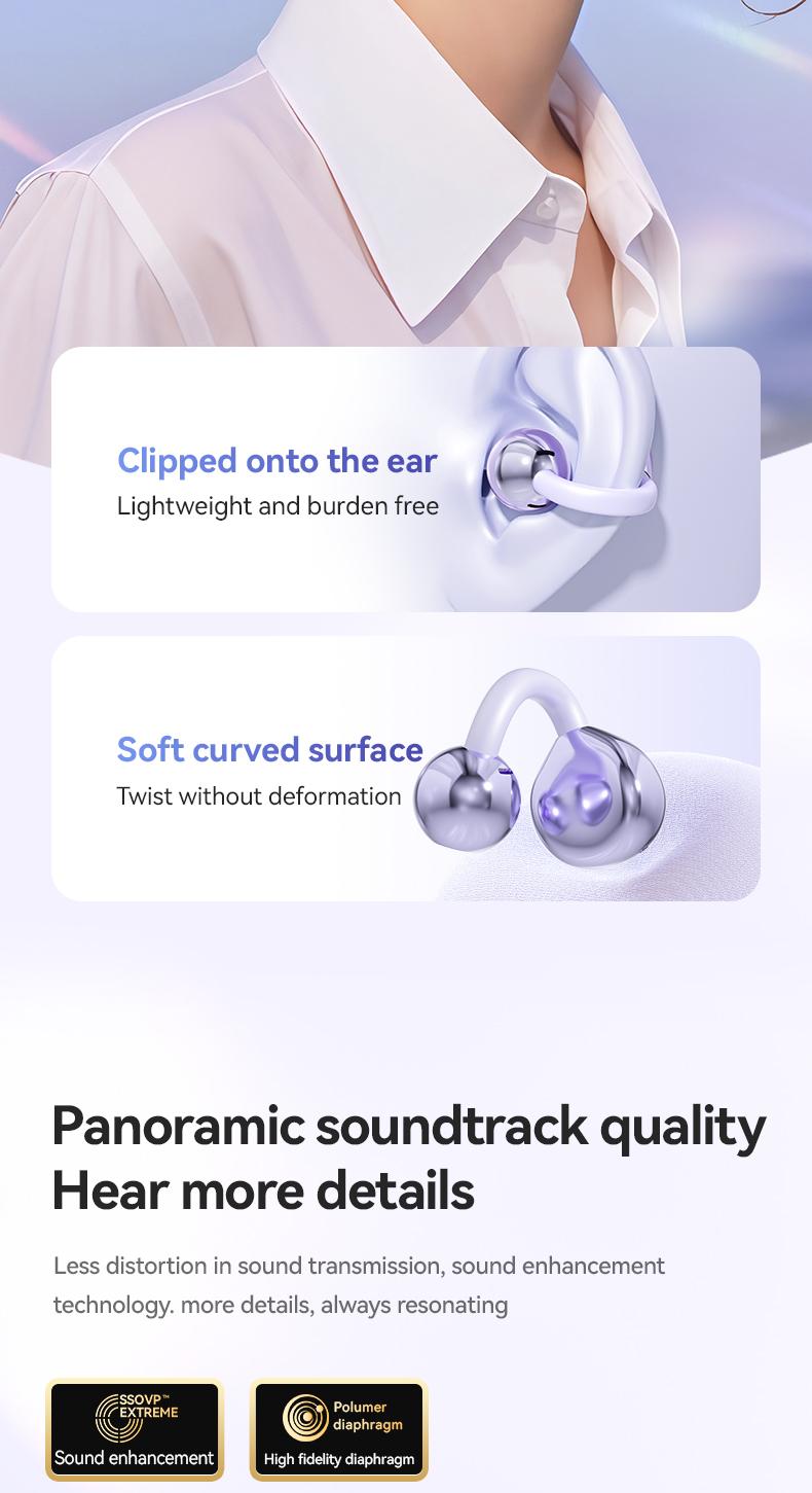 Clip-On Wireless Earbuds, Bluetooth-compatible 5.4 Stable Connection, Clear Hi-Fi Sound, Sweat-Resistant Design, Compatible with Android & iOS
