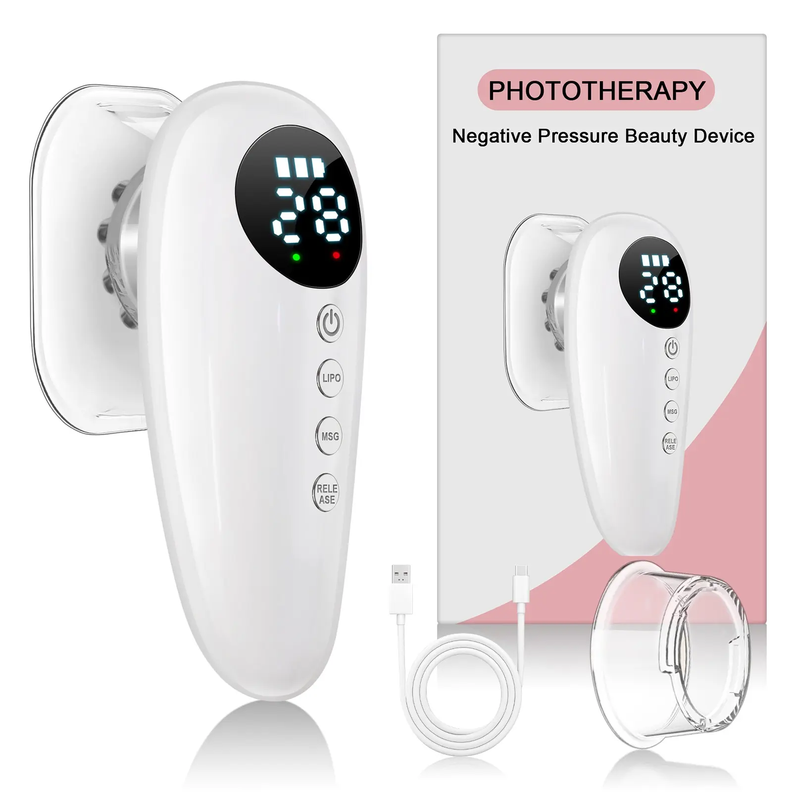 Portable Phototherapy Negative Pressure Beauty Massager, Rechargeable Multi‑Level Home Skincare Massage Instrument with Digital Screen & Extra Suction Cup