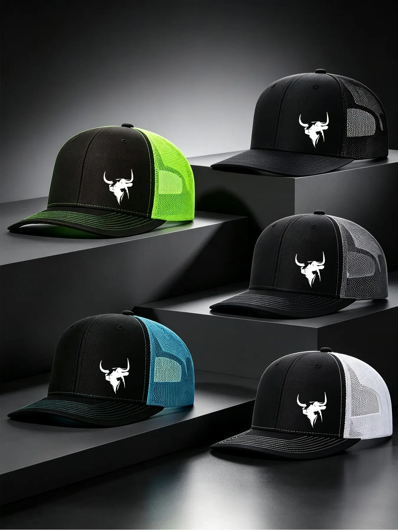 5pcs Unisex Trucker Hat Bull Head Printing Mesh Baseball Cap Richardson Slightly Curved Brim Baseball Cap Adjustable Dad Hats Outdoor Mesh Breathable Sun Hat Gift for Men Women Lightweight Polyester Hat