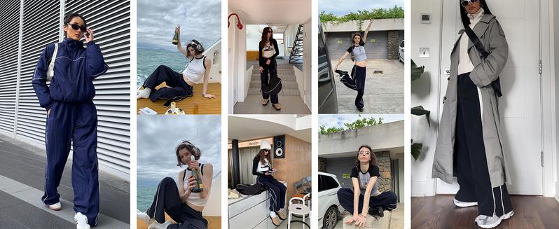 Tanming Womens Y2K Striped Wide Leg Track Pants Comfy Hiphop Jazz Street Dance Jogger Loose Fit Sweatpants with Pockets