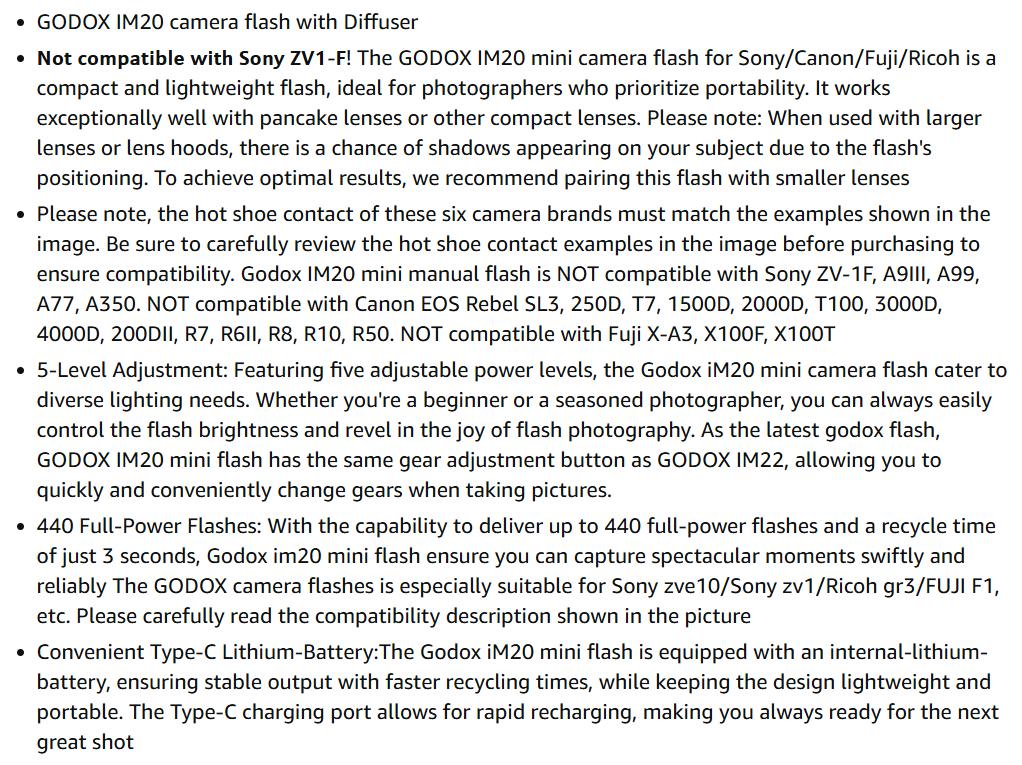 Godox iM20 with Diffuser Godox Flash USB-C Charging, Camera Flash GN 12, with 5 Levels Flash Power, 440 Full-Power Flashes Mini Flash for Sony zv1/Sony zve10 /Ricoh gr3/Fuji f1【not for ZV-1F】