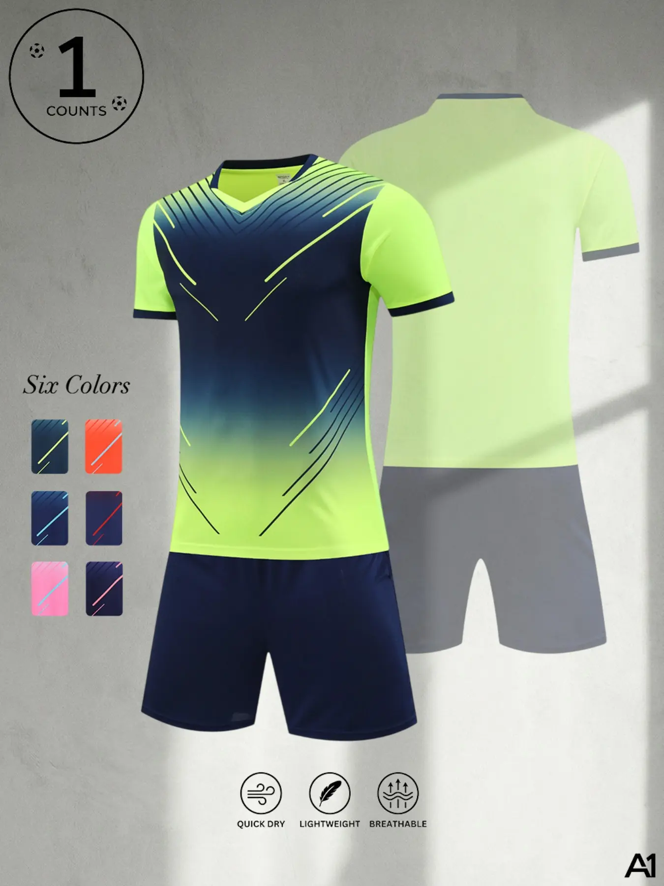 A1 Mens Soccer Football Training Uniforms Set | Quick Dry Breathable Activewear Kit | V-Neck Short Sleeve Jersey & Shorts for Outdoor Sports
