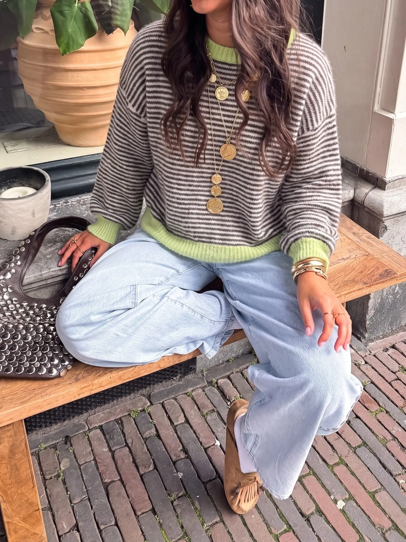 Vintage Colorblock Striped Knit Pullover, Drop Shoulder Bubble Sleeve Women's Winter Top, Casual Daily Wear, Suitable for Commute, Date, Vacation, Cozy Knit Sweater