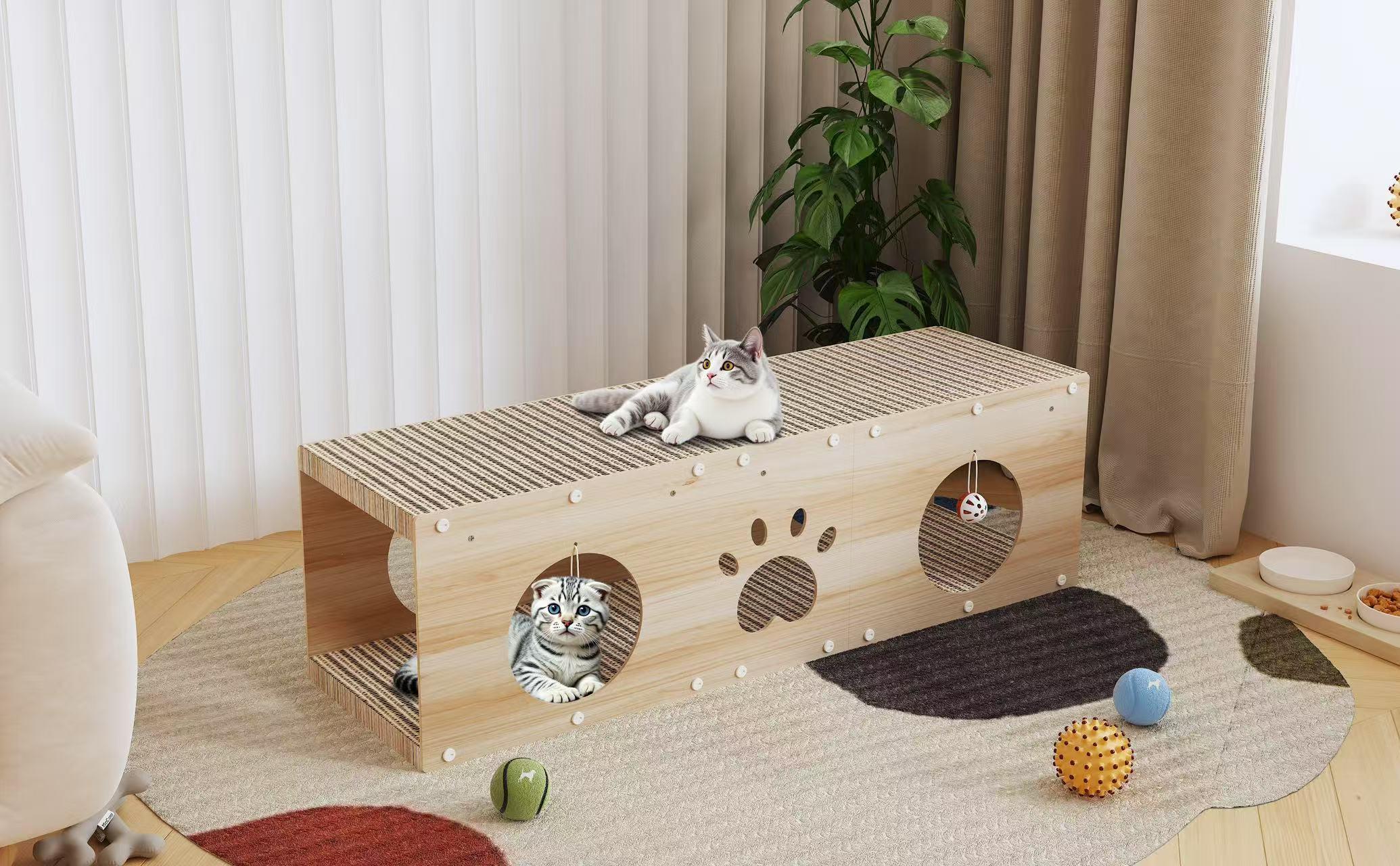 IRONCK 39" Long Large Wooden Cat House & Scratcher with Ball Toy | 2-in-1 Pet Furniture for Indoor Cats, Durable Cat Bed & Playhouse
