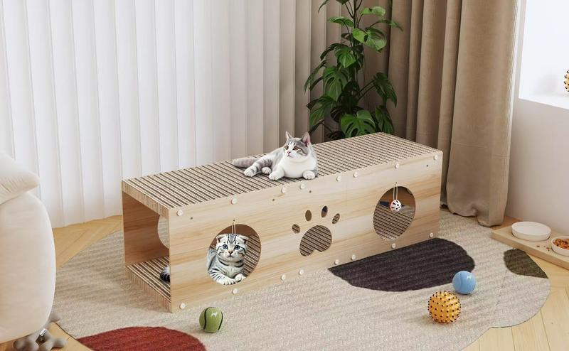IRONCK 39" Long Large Wooden Cat House & Scratcher with Ball Toy | 2-in-1 Pet Furniture for Indoor Cats, Durable Cat Bed & Playhouse