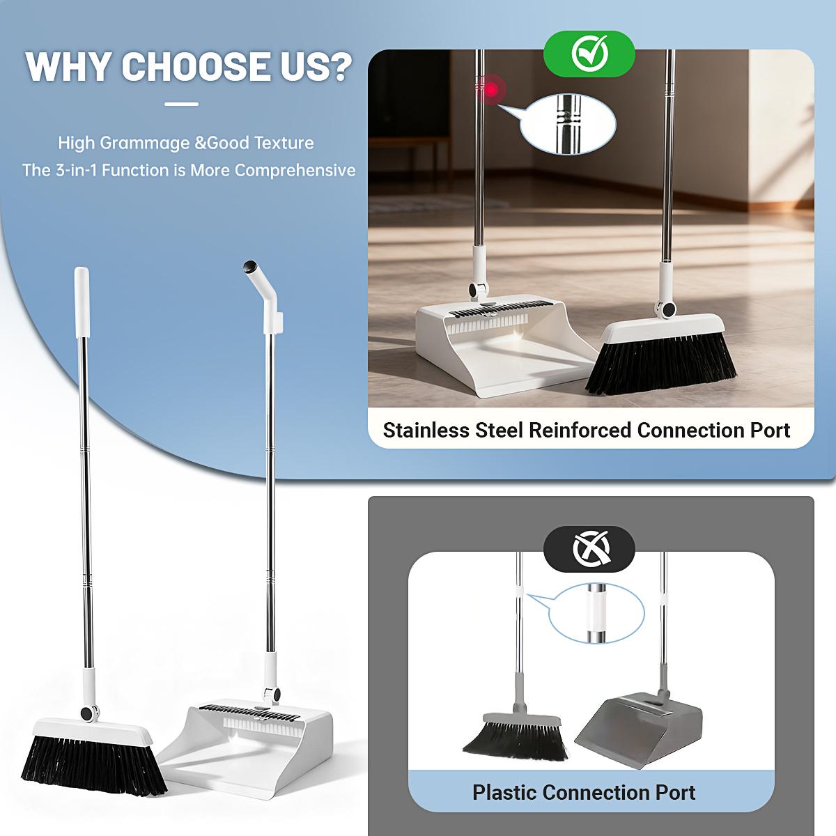 3in 1 Broom and Dustpan Set: Set - Efficient Broom and Dustpan Set and Floor Brush Heavy-duty Long-handled Broom for Indoor and Outdoor Cleaning