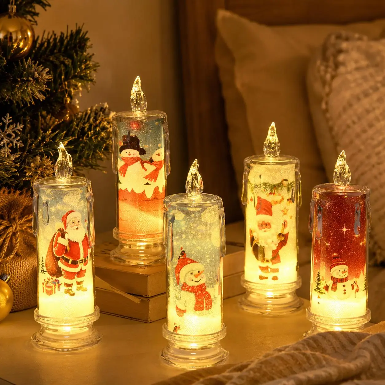 Christmas LED Flameless Candles, Warm White Printed Holiday Candle Lights for Table Mantel Bedroom Living Room Xmas Decor