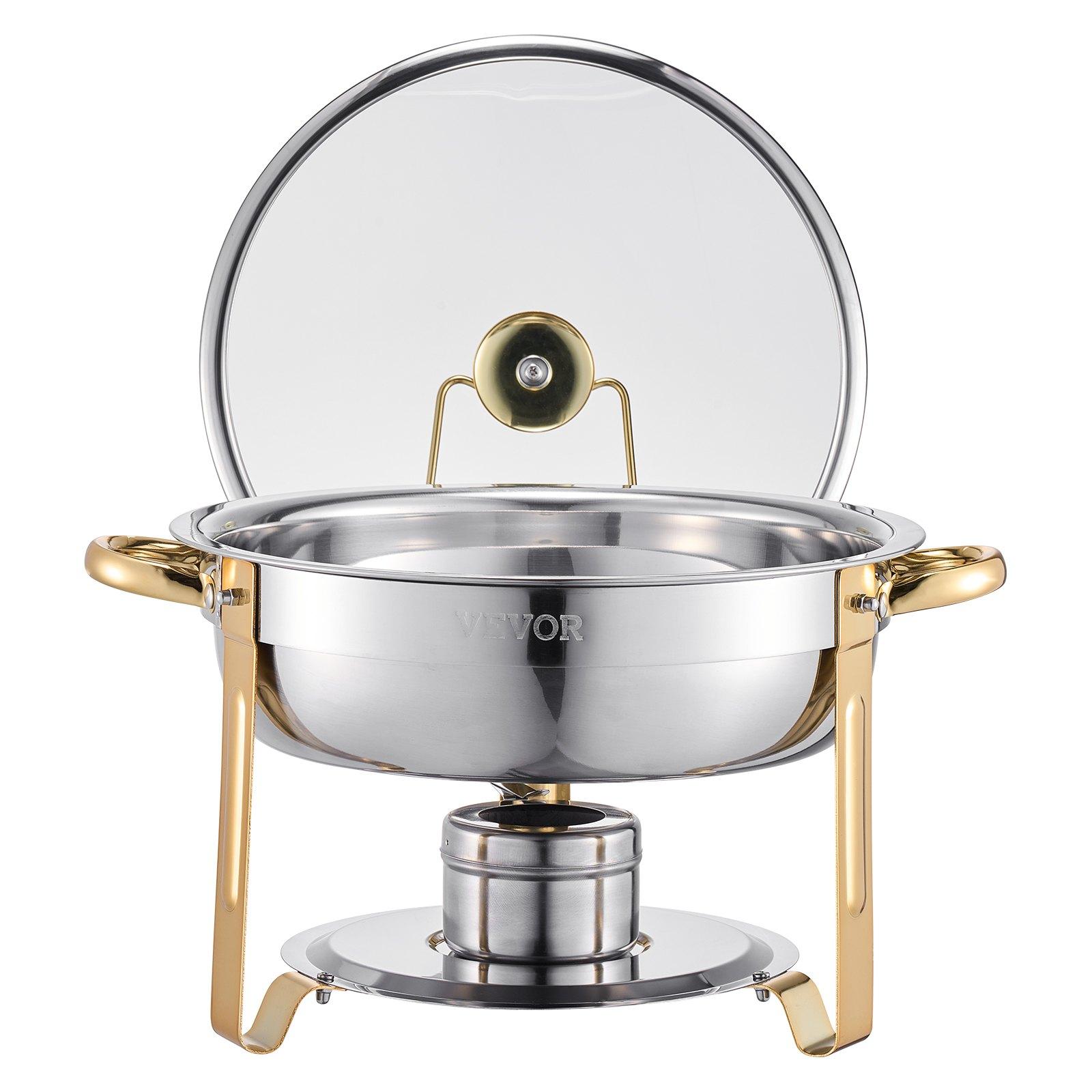 VEVOR 4-Piece Round Shape Stainless Steel Buffet Set, 5 Qt Full Size Stainless Steel Pans, Glass Lids, Water Pans, Folding Stands, Fuel Holders, Gold Catering Warmers for Wedding, Banquet