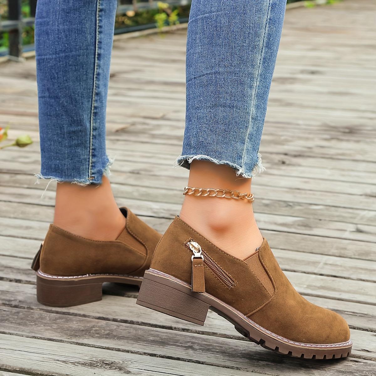 Comfortable Low Heel Ankle Boots for Women, Elastic Side Slip-On Casual Shoes