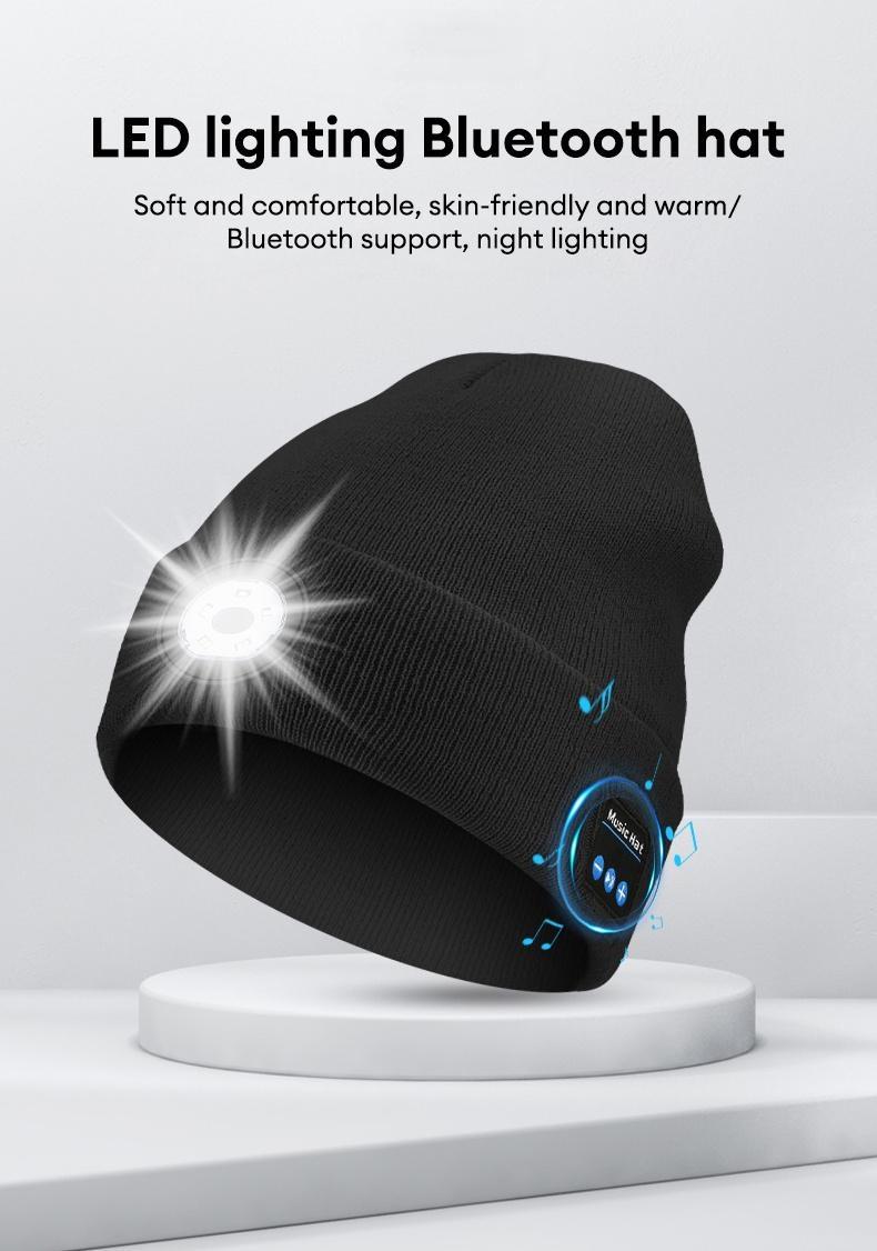 MGALL Bluetooth Beanie with LED Headlight and Removable Speakers, USB Rechargeable Knit warm winter Hat balaclava Hat for Music and Calling, sport,outdoor