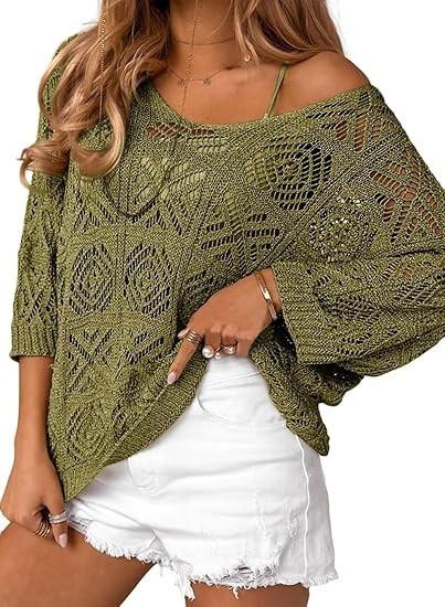 Women's Spring/Summer Crochet Hollow Out Three-Quarter Sleeve Pullover Sweater Batwing Sleeve Vacation Style Intellectual and Gentle Style