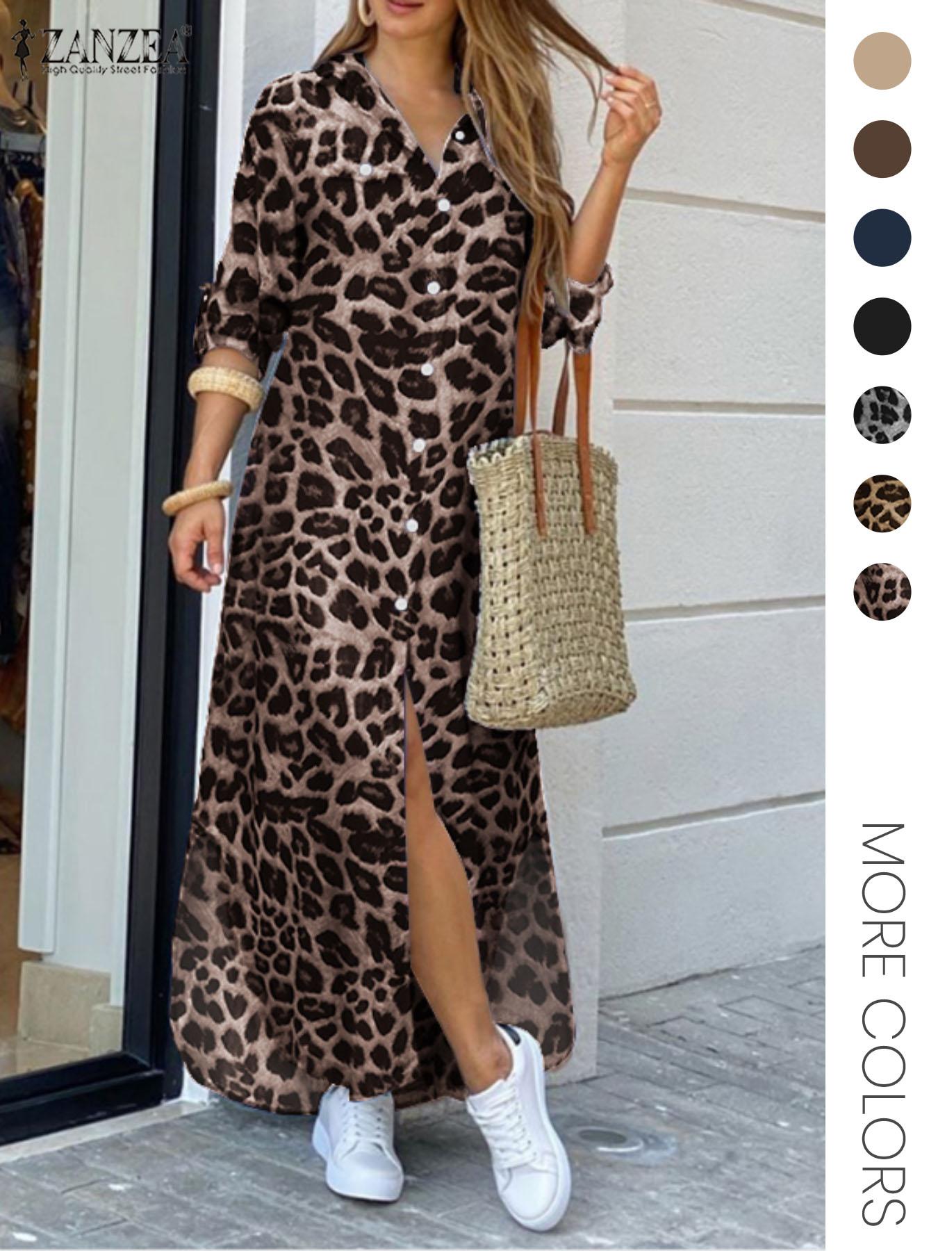 Women's Leopard Print Button Front Flap Pocket Shirt Dress, Casual Curved Hem Long Sleeve Collared Long Dress for Daily Wear, Ladies' Clothes for All Seasons