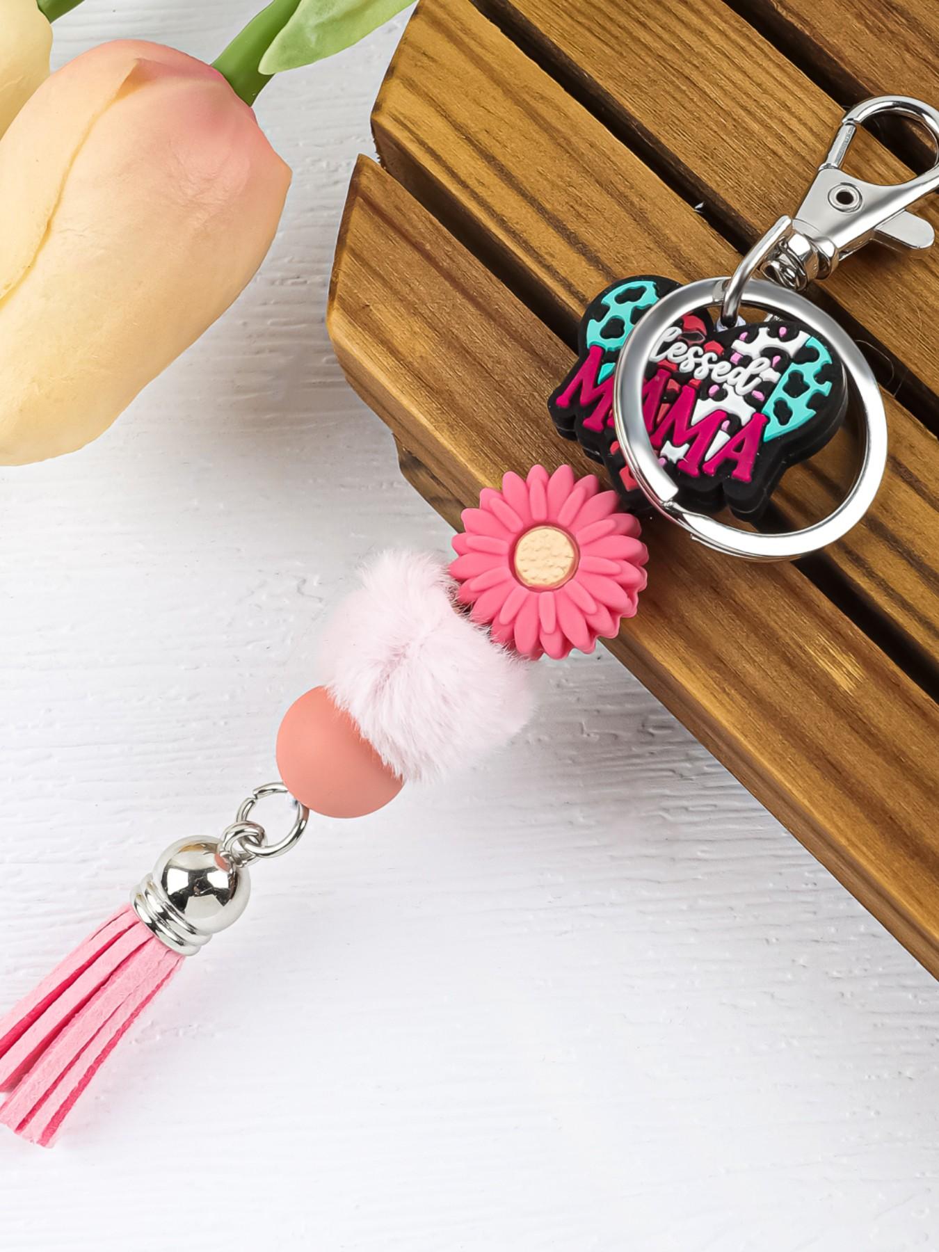 Mama Beaded Keychain, Mom Silicone Bead Key Ring, Mother's Day Gift, Leopard Print Keychain, Tassel Keychain, Mama Bag Charm, Sunflower Mama Keychain