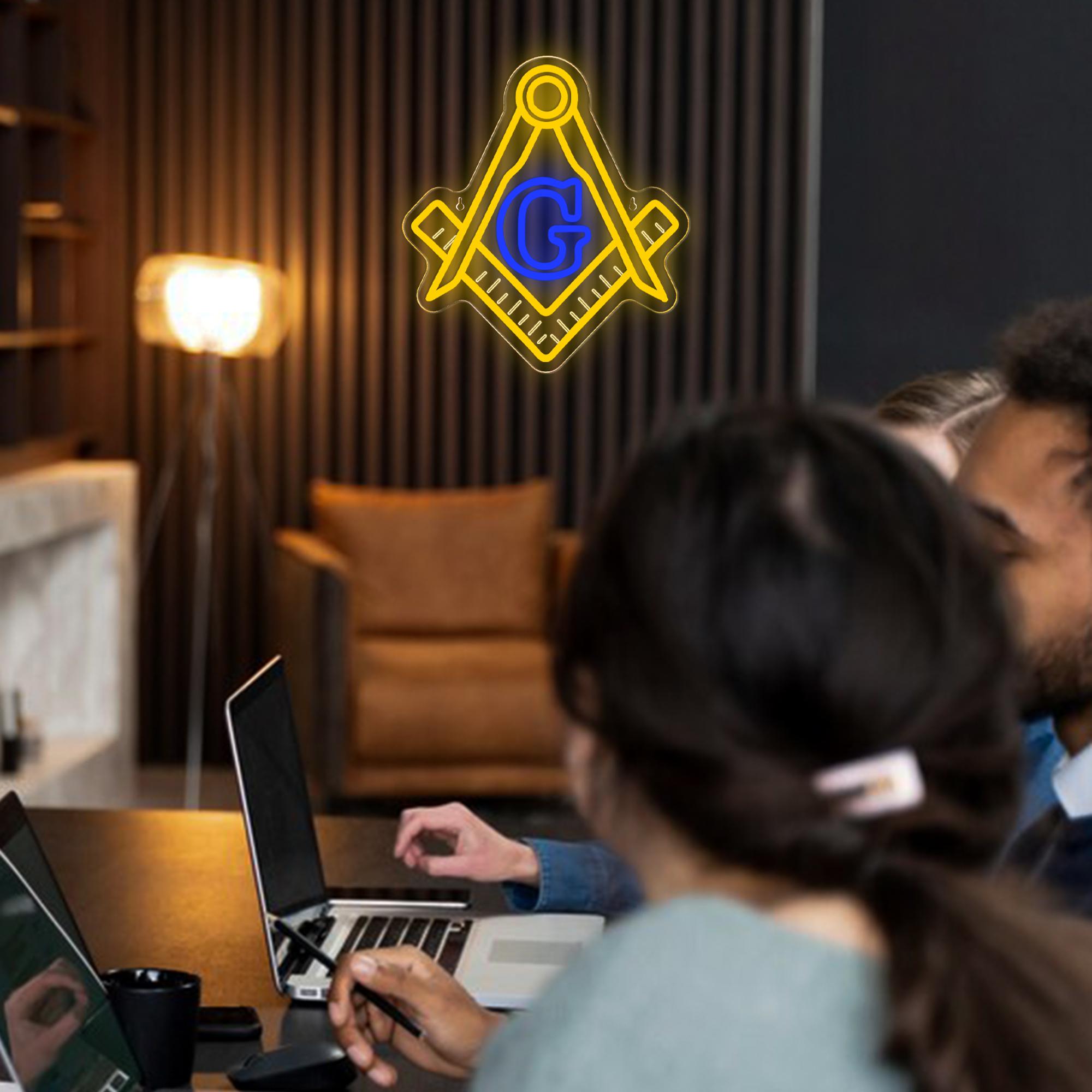 Vibrant Masonic Symbol Luminous Led Sign, Square, Compass and Letter G Pattern Creative Neon Light, Powered by USB, for Office, Wall Corridor, Meeting Room, Club，Halloween Christmas Gift
