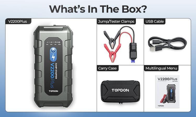 TOPDON V2200PLUS 12V 2200A Battery Booster Jump Starter and Battery Tester Pack