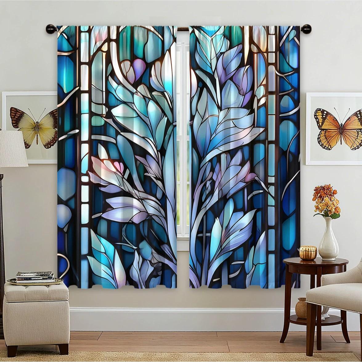 2pcs Blue Leaf Pattern Curtains with Art Texture Print, Easy Clean Polyester Blackout Material for Living Room & Vintage Decor, Window Curtain