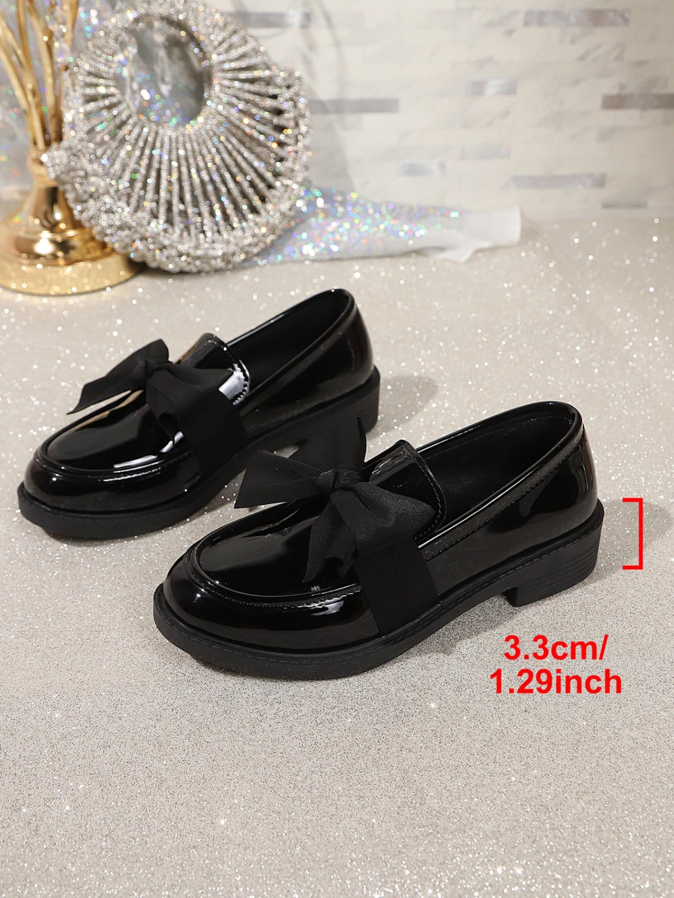 Women's Chunky Heel Patent Leather Loafer Shoes, Plain Design PU Upper Material Rubber Sole, Preppy Style Less Than Ankle Height