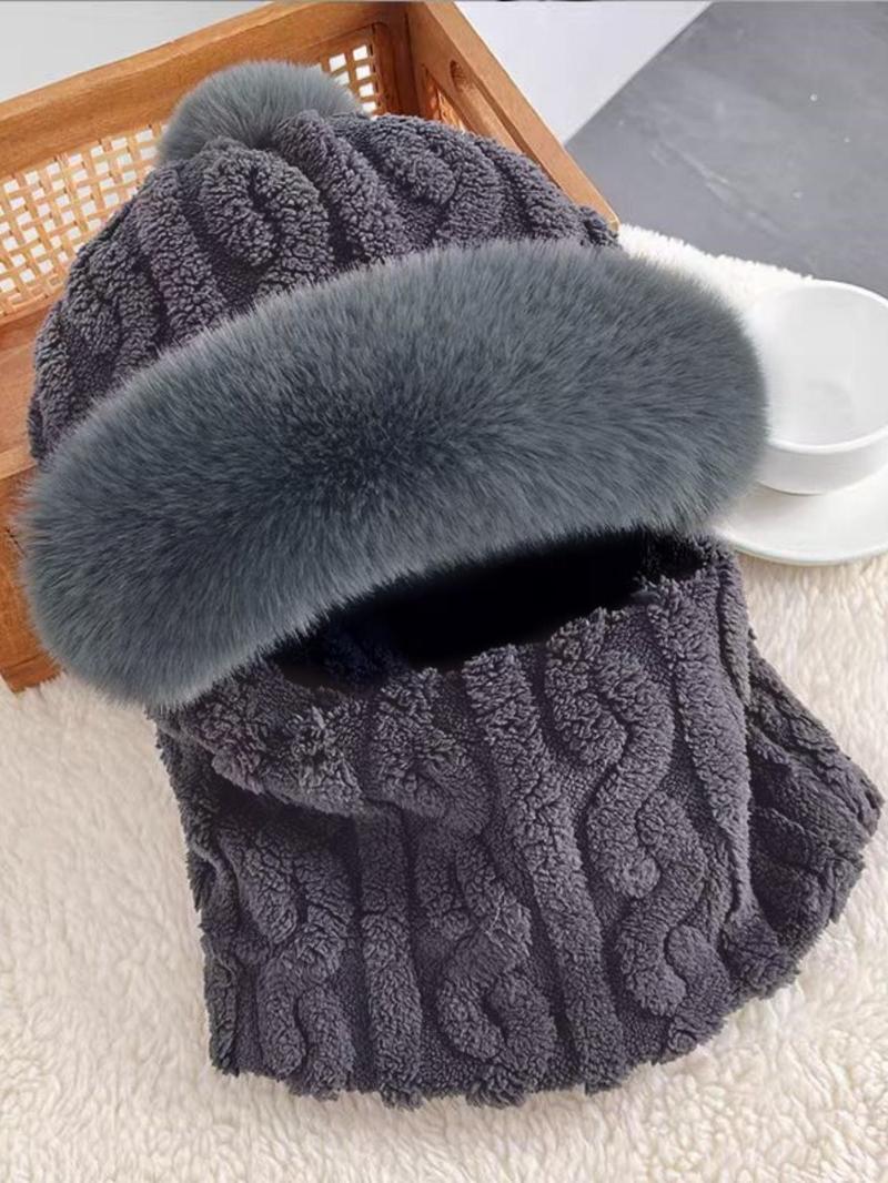 Solid Color Pom Pom Decor Crochet Beanie Hat, Unisex Casual Warm Thickened Face Mask Hat for Fall & Winter, Fashion Accessories for Women & Men