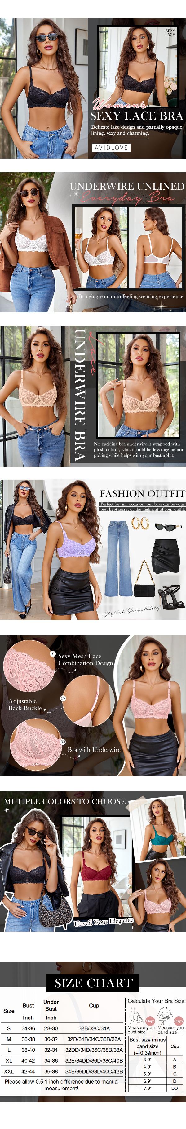 Avidlove Women's Lace Underwire Bra Sexy Mesh Balconette Unlined Everyday Bra Lingerie - Elegant Scalloped Lace Edge Design, Stretchy & Breathable