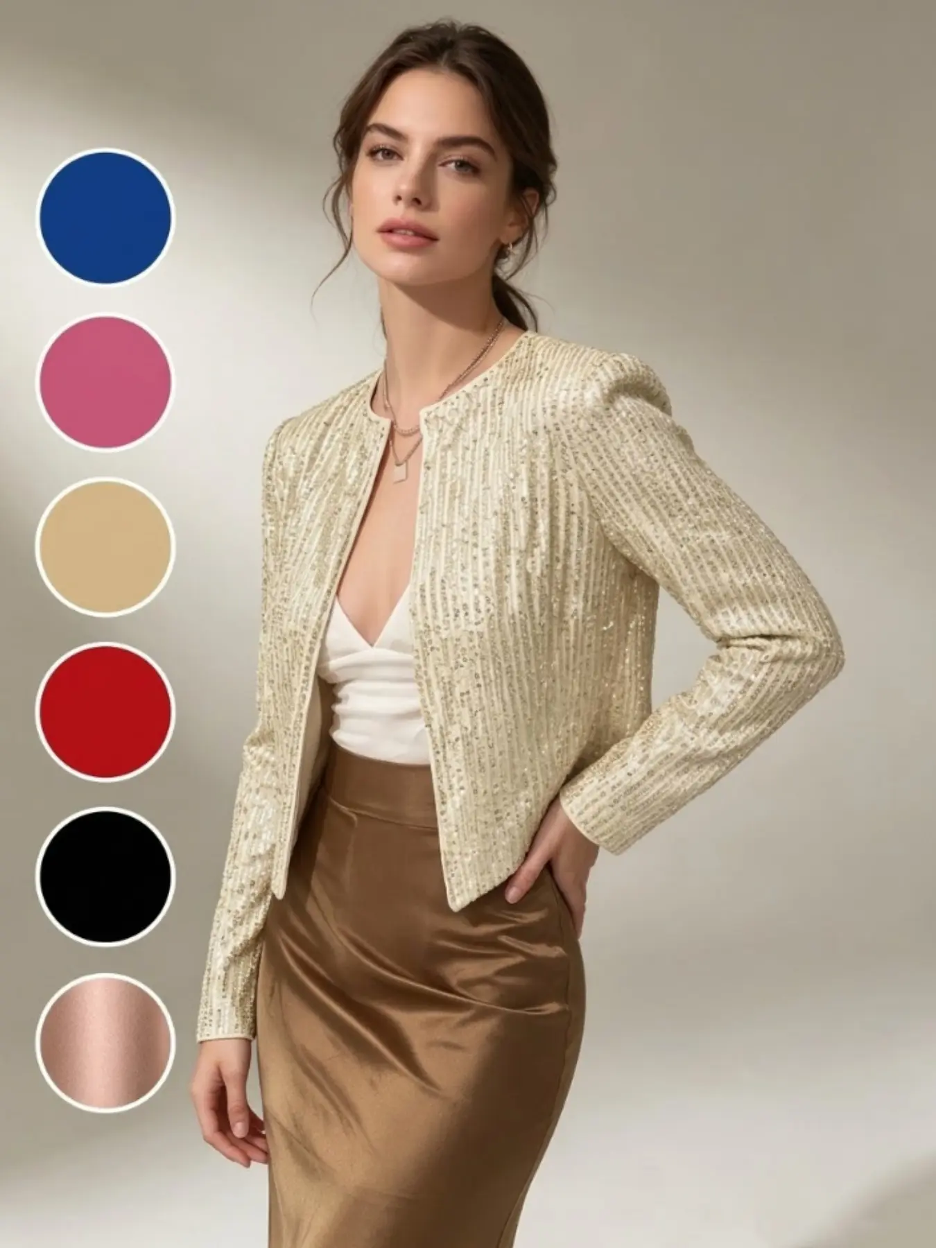 Sparkly Sequin Cropped Jacket – Long Sleeve Open Front Party & Evening Cover Up
