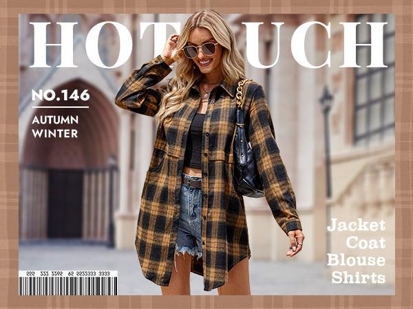 Women's Flannel Plaid Shirts Roll Up Long Sleeve Collared Button Down Boyfriend Shirts with Pockets Blouse Casual Cotton Top Womenswear Check Dress Elegant Lightweight Loose