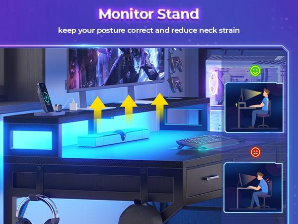 SEDETA 55 Inch Reversible Gaming Desk with 6 Drawers PC Desk with LED Lights Power Outlet Corner Computer Desk with Monitor Stand