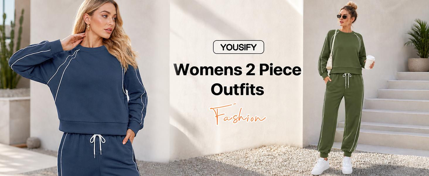 Yousify Women's 2-Piece Cotton Blend Track Suit - Long Sleeve Sweatshirt, High Waisted Medium Length Jogger Sweatpants, Casual Wear, Machine Washable Athletic Set, Two-Pieces