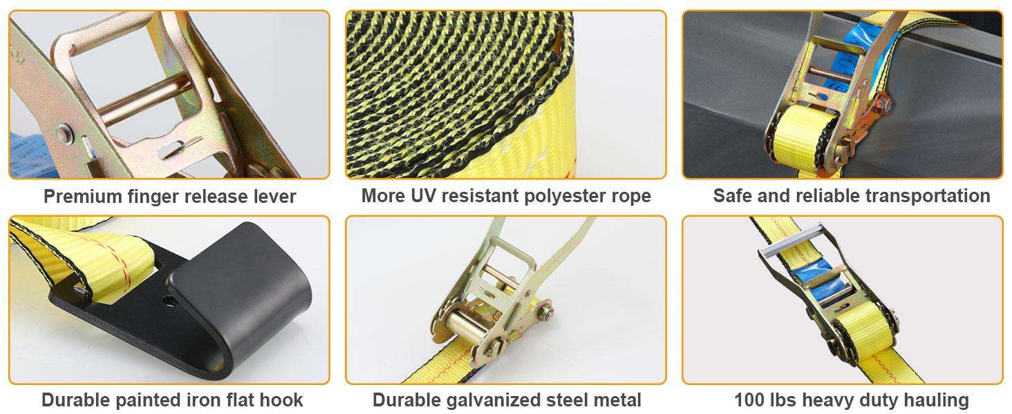 4 Pack 2 in x 27 FT Flat Hook Ratchet Straps ，11,000 lbs Break Strength，Heavy Duty Tie Down Straps for Trucks ,Orange/Yellow