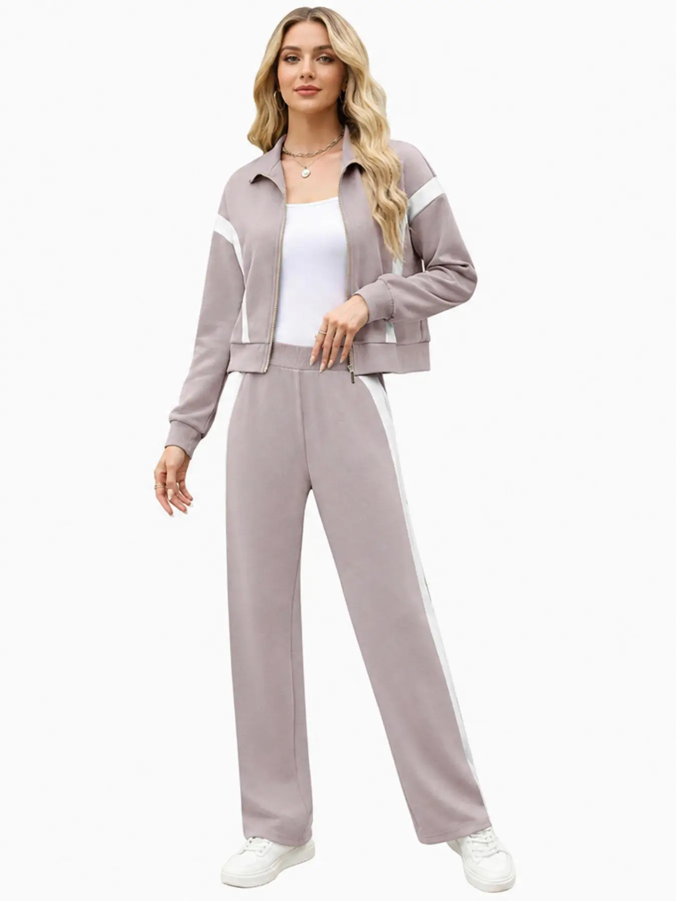 Women’s 2 Piece Tracksuit Set, Zip Up Jacket & Wide Leg Pants, Casual Matching Lounge Set, Athletic Travel, All Seasons