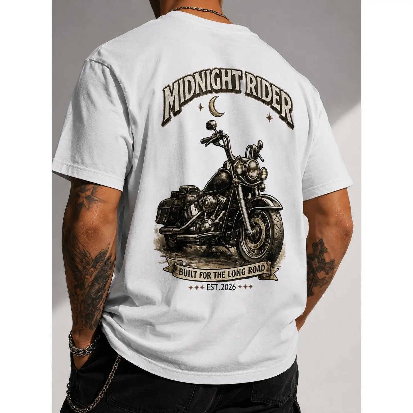 Men's 180G 100% Combed Cotton Distressed Text Vintage Motorcycle Graphic T-Shirt - Short-Sleeve, Heat-Print, 2-Sided, Multi-Size, Breathable, Round Neck, Soft, Relaxed Fit Biker Streetwear Top