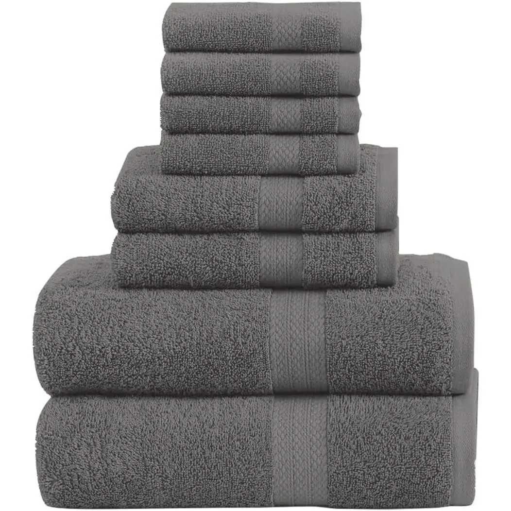 Pack of 8 Towels Set, 2 Large Bath Towels, 2 Hand Towels, 4 Wash Cloths, 100% Cotton, Lighter Weight, Quicker to Dry, Super Absorbent, Perfect for Bathroom (Grey)