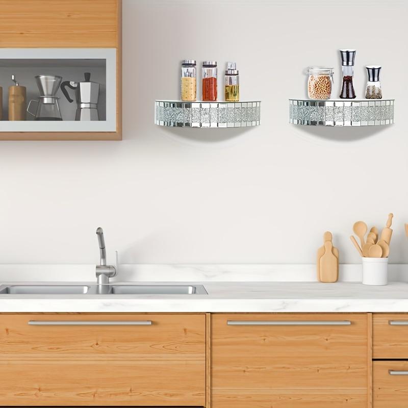 1Pc Semicircular Mirrored Floating Shelves for Wall Decor Storage, Glamorous Crystal Crush Diamond Decorative Wall Shelf, Glitter Glass Wall Mounted Shelves for Bedroom, Living Room, Bathroom, Kitchen, Office and More,  Silver