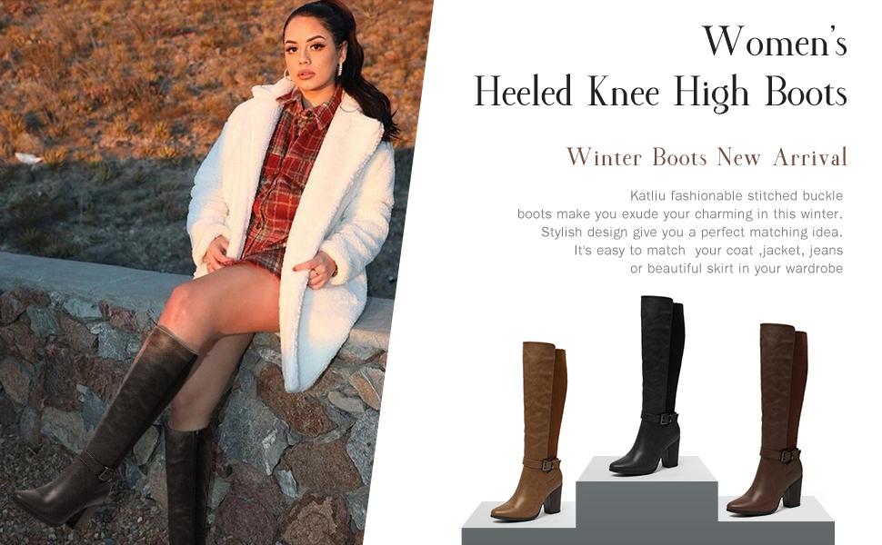 Women's Heeled Knee High Boots Zip Up High Chunky Heeled Boots Women's Heeled Knee High Boots Zip Up High Chunky Heeled Boots
